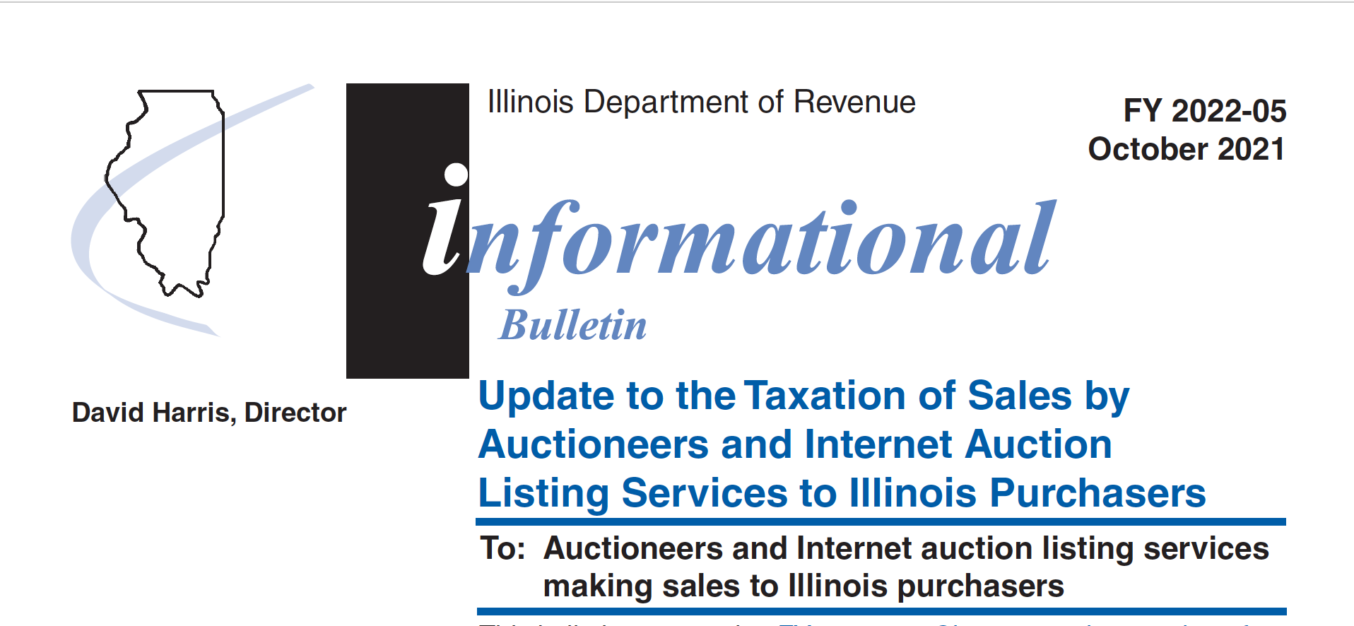 Click HERE for the UPDATE To Taxation of Sales by Illinois Auctioneers 